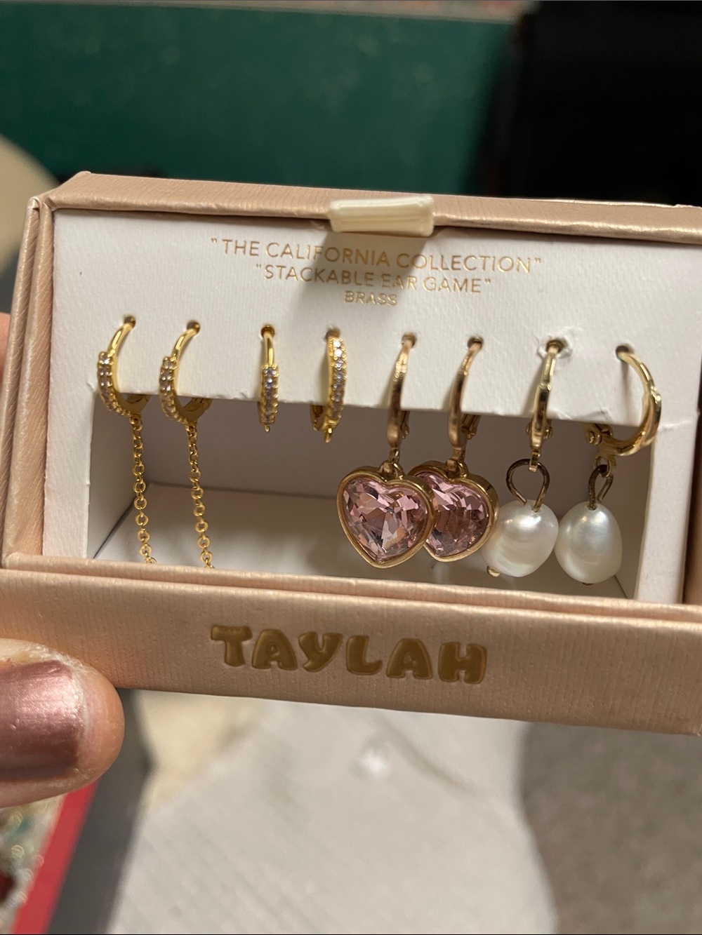 4 pairs brass Gold-Plated Stackable Earring Set, pearl, heart and cubic